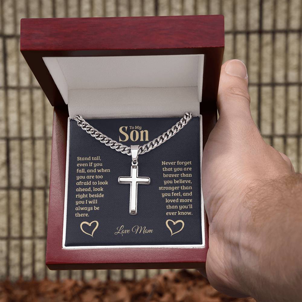 Personalized - To my son. Stad tall even if you fall cross chain.